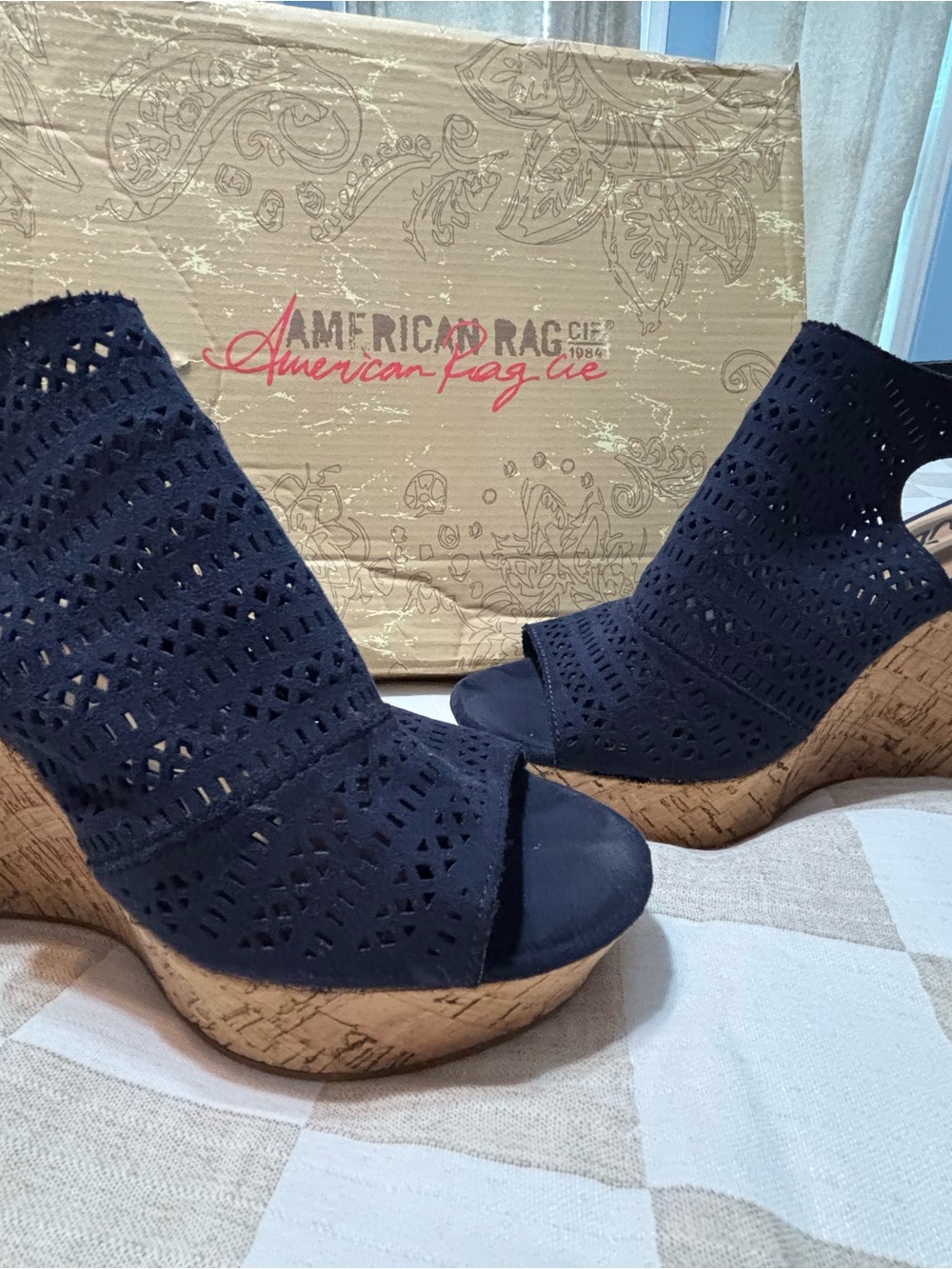 Brand New American Rag Navy Laser-Cut Cork Wedge Sandals